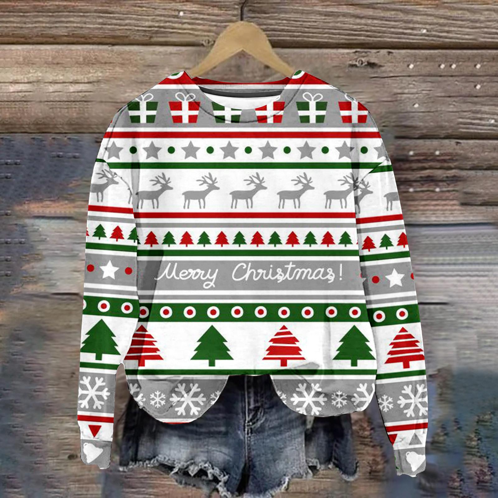 Neuer Weihnachts-Pullover Damen T-Shirt Langarm Oberteile Weihnachtsbaum Grafik Kleidung Y2k Niedliche Mädchen Bekleidung Damen Sweatshirt XL von Joom DACH