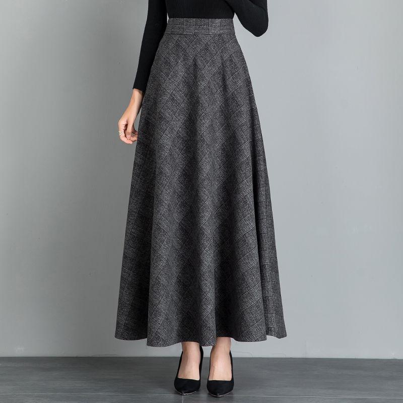 Neuer Wollplaidrock für Damen Mittellang Herbst und Winter Schlankmachend Hochtailliert A-Linien-Rock Lässiger Langer Rock XL von Joom DACH