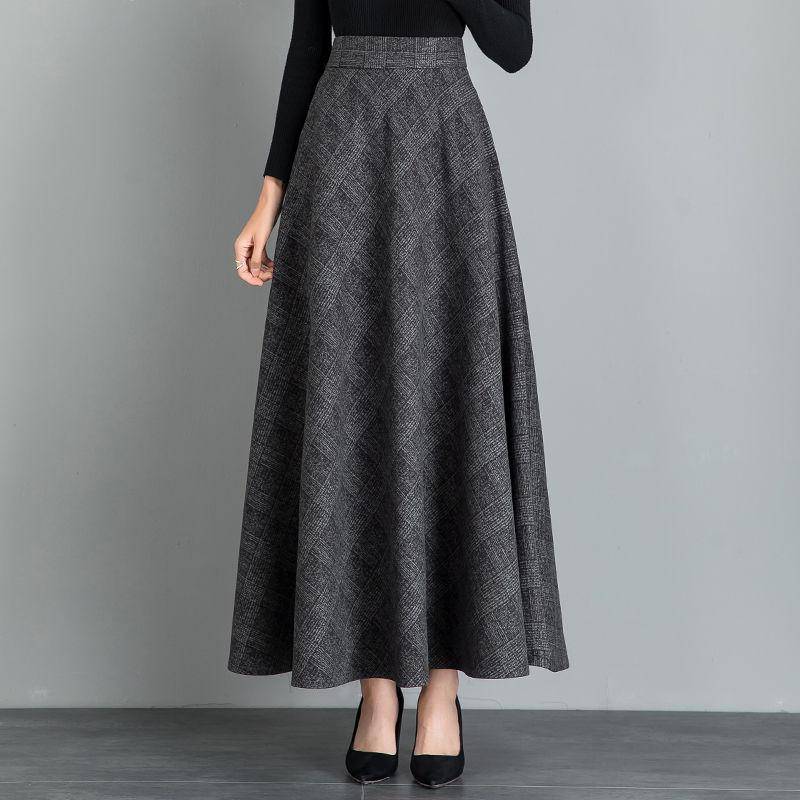 Neuer Wollplaidrock für Damen Mittellang Herbst und Winter Schlankmachend Hochtailliert A-Linien-Rock Lässiger Langer Rock XL von Joom DACH
