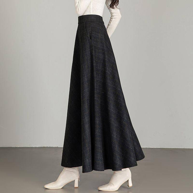 Neuer Wollplaidrock für Damen Mittellang Herbst und Winter Schlankmachend Hochtailliert A-Linien-Rock Lässiger Langer Rock XXL von Joom DACH