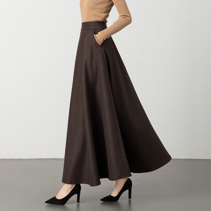 Neuer Wollplaidrock für Damen Mittellang Herbst und Winter Schlankmachend Hochtailliert A-Linien-Rock Lässiger Langer Rock XXL dunkelbraune von Joom DACH