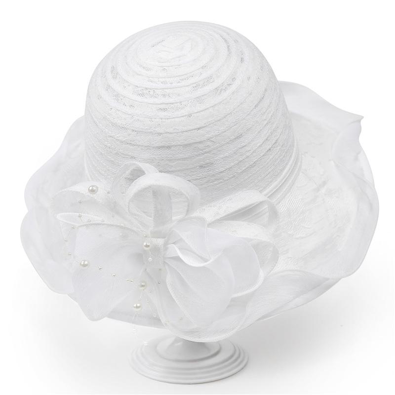 Neuer atmungsaktiver Beckenhut mit Organza-Rosenblume für den Sommer, Sonnenschutz-Eimerhut für Damen im Freien, modischer Hut im Trend M（56-58cm） weiß von Joom DACH