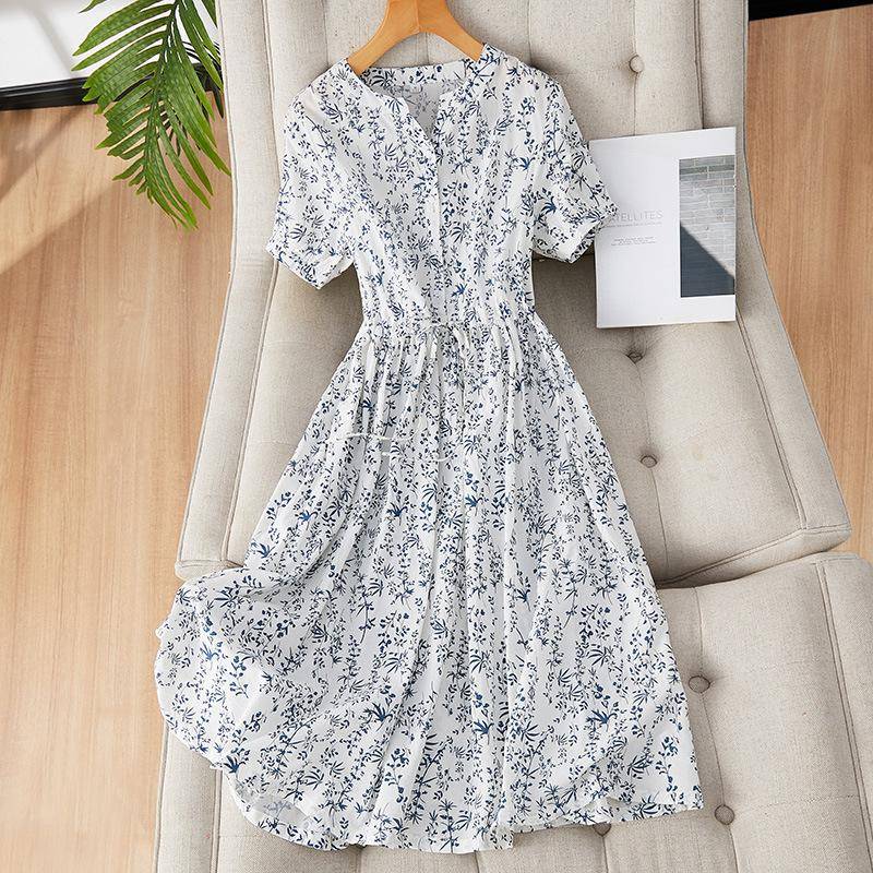 Neuer chinesischer Stil kleines geblümtes reines Baumwollkleid Damen Kurzarm Sommer neu elegantes Temperament mittel- und langes Kleid L von Joom DACH