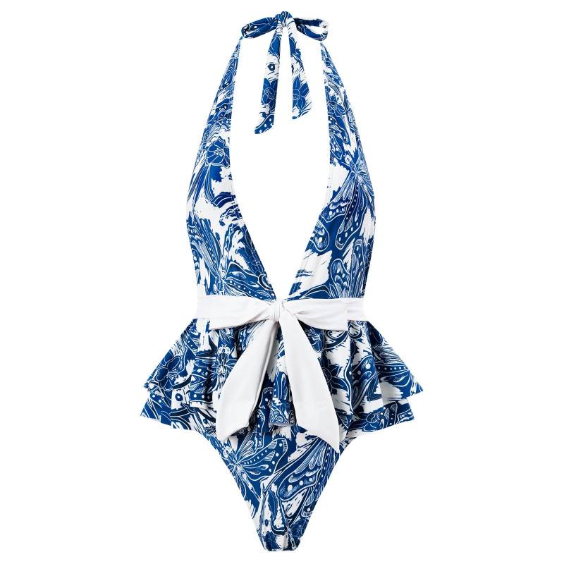 Neuer einteiliger Schwimmanzug mit Trägern für Frauen, enger Badeanzug mit Retro-Print, Chiffon-Anzug mit langem Rock M von Joom DACH