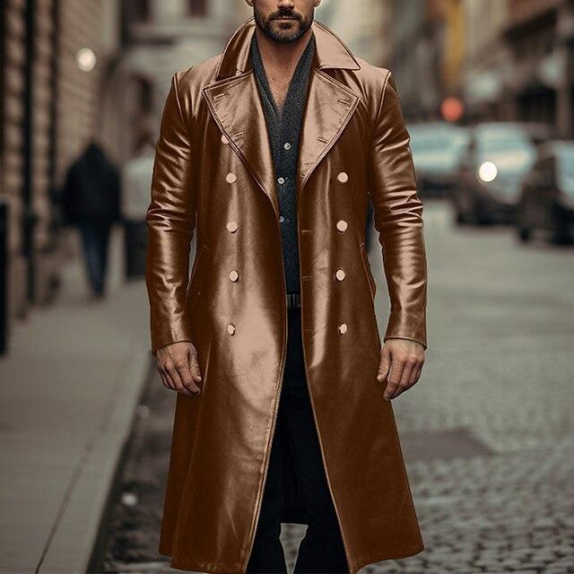 Neuer langer Leder-Trenchcoat für Herren im Herbst und Winter, zweireihige Lederjacke, Ledermantel für Herren 3XL von Joom DACH