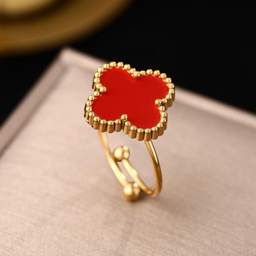 Neuer vierblättriger Kleeblatt-Ring aus Titanstahl mit Perlmuttverzierung für Damen, verstellbarer Fingerring, kleines Design, Zeigefingerring von Joom DACH