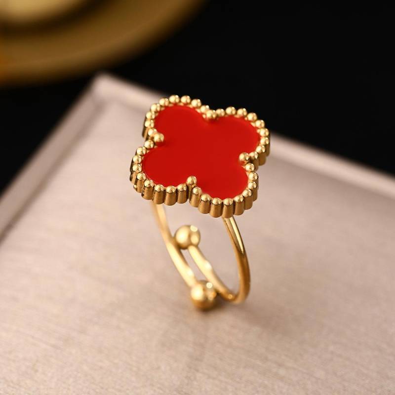 Neuer vierblättriger Kleeblatt-Ring aus Titanstahl mit Perlmuttverzierung für Damen, verstellbarer Fingerring, kleines Design, Zeigefingerring von Joom DACH