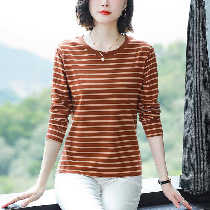 Neues, herbstliches, gestreiftes, locker sitzendes Langarm-T-Shirt aus Baumwolle für Frauen mittleren Alters 3XL (146-160 lbs) von Joom DACH