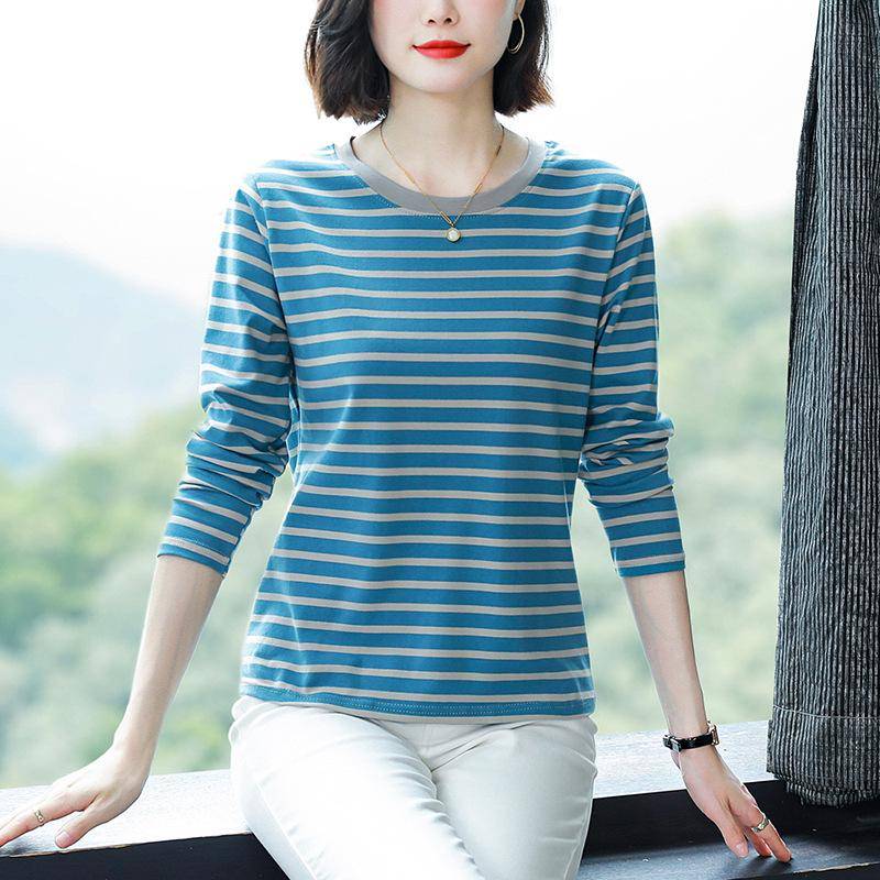 Neues, herbstliches, gestreiftes, locker sitzendes Langarm-T-Shirt aus Baumwolle für Frauen mittleren Alters M (90-105 lbs) von Joom DACH