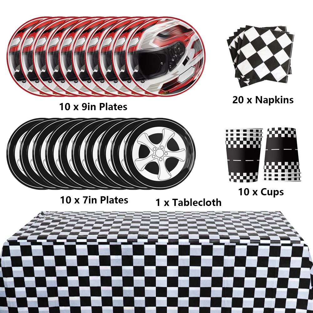 Neues 51-teiliges Rennwagen-Geschirrset inklusive Teller, Servietten und Tassen, Tischdecke von Joom DACH