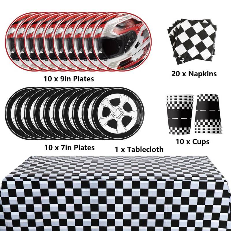 Neues 51-teiliges Rennwagen-Geschirrset inklusive Teller, Servietten und Tassen, Tischdecke von Joom DACH