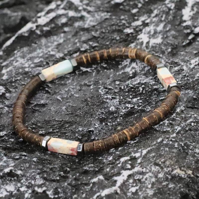 Neues Armband aus natürlicher Kokosnussschale für Männer, Premium-Tigeraugen, schwarzer Blitz-Edelstein, Stretch-Perlenarmband, Yoga-Holzarmband von Joom DACH