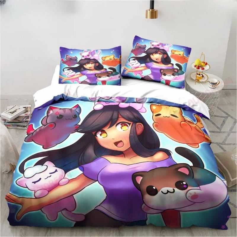 Neues Bettwäscheset mit Cartoon-Spiel „Süßer Aphmau mit Flügeln“, Bettlaken, Kingsize, Twin, Double, Kinderbettwäscheset, Bettbezug aus Mikrofaser oder Polyester EU single(135x200cm) von Joom DACH