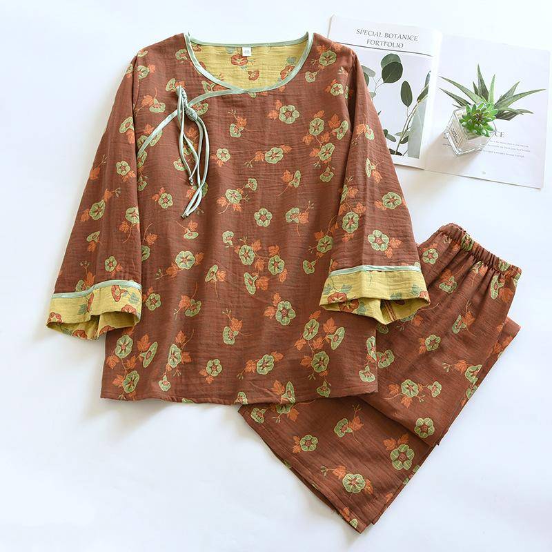 Neues Damen-Pyjama-Set für Frühjahr/Sommer mit Pan-Knopf im chinesischen Stil, 100 % reine Baumwolle, Neunviertelärmel, Retro-Home-Fury-Set 2XL von Joom DACH