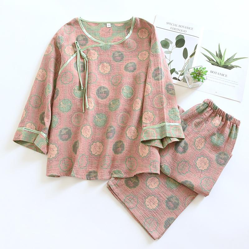 Neues Damen-Pyjama-Set für Frühjahr/Sommer mit Pan-Knopf im chinesischen Stil, 100 % reine Baumwolle, Neunviertelärmel, Retro-Home-Fury-Set 2XL von Joom DACH