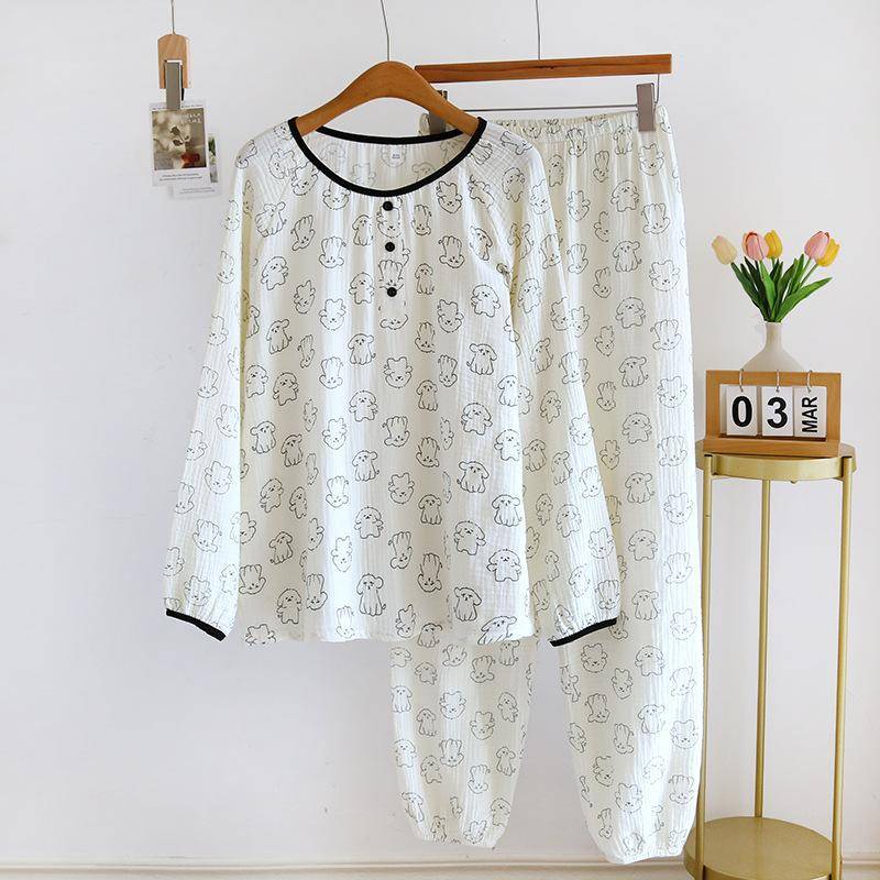 Neues Damen-Pyjama-Set für Frühling und Herbst, 100 % Baumwollkrepp, süße Langarmhose, zweiteiliges Set mit lockerem Aufdruck M von Joom DACH