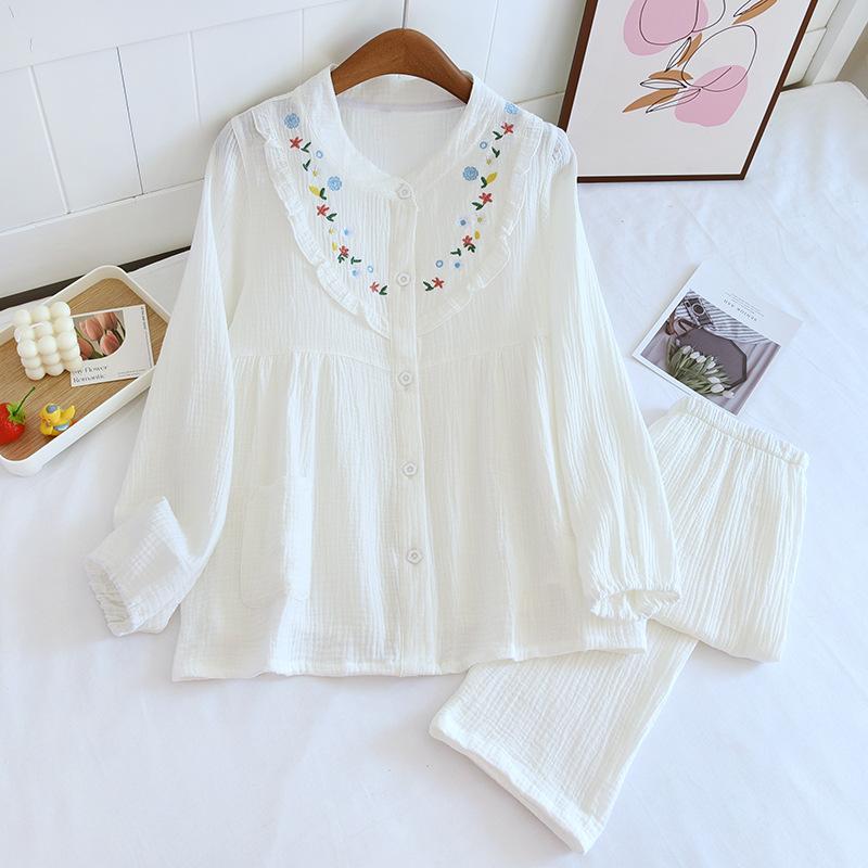 Neues Damen-Pyjama-Set für Frühling und Herbst 100% Baumwollkrepp Stickerei Hausanzug Langarm Lange Hose Dünnes Set in großen Größen XL weiß von Joom DACH