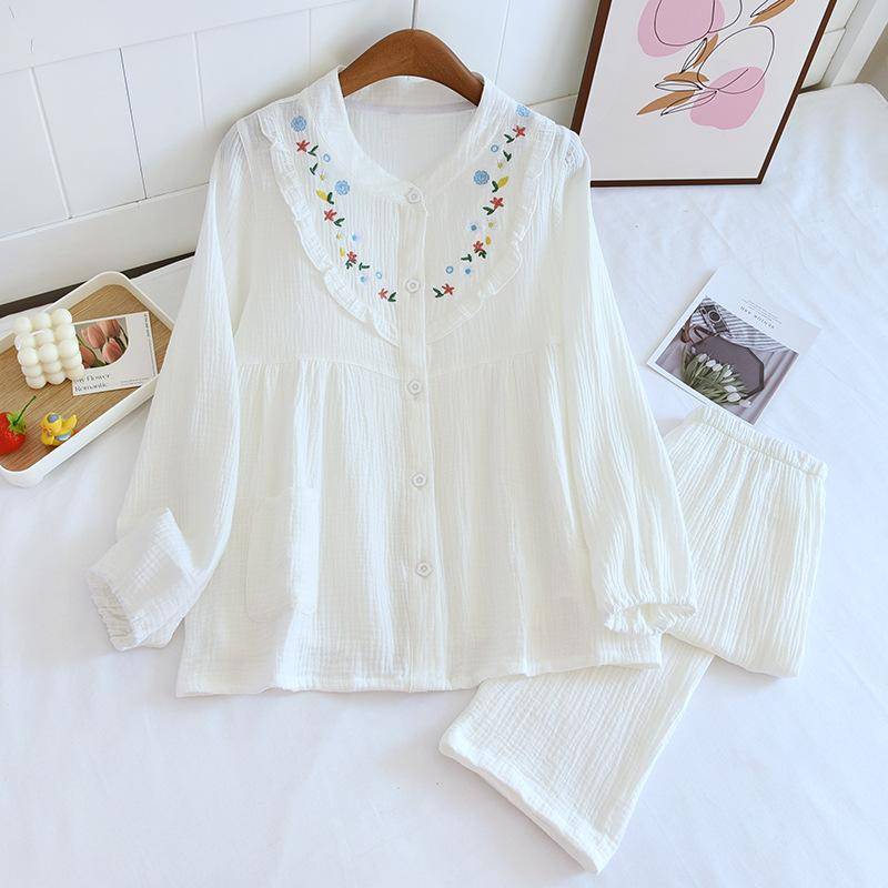 Neues Damen-Pyjama-Set für Frühling und Herbst 100% Baumwollkrepp Stickerei Hausanzug Langarm Lange Hose Dünnes Set in großen Größen XL weiß von Joom DACH