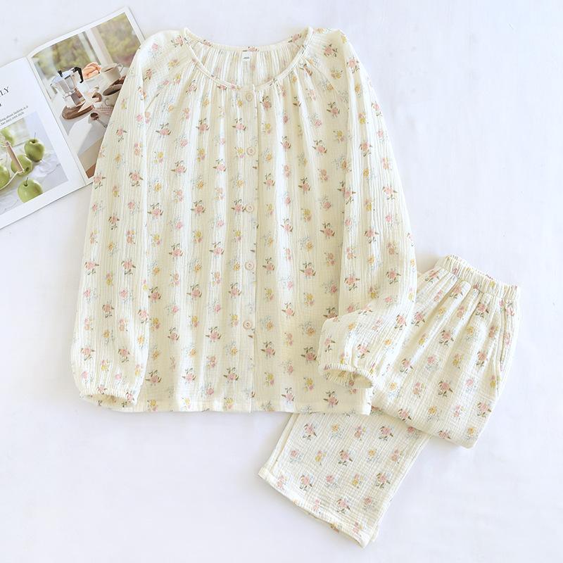 Neues Damen-Pyjama-Set für Frühling und Sommer, 100 % Baumwollkrepp, langärmelige Hose, Rundhals-Strickjacke, zweiteiliges Set, Fresh Home M von Joom DACH