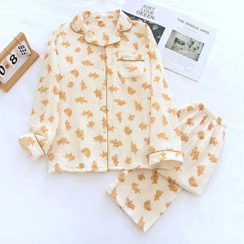 Neues Damen-Pyjama-Set für Frühling und Sommer 100% Baumwollkrepp Langarmhose Dünner Niedlicher Cartoon-Cardigan Haus Zweiteiliges Set XXL von Joom DACH