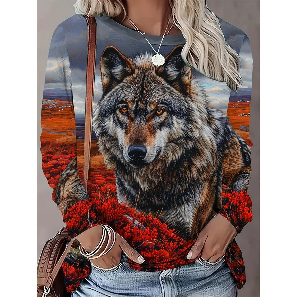 Neues Damen-T-Shirt mit modischem O-Ausschnitt und langen Ärmeln mit 3D-Tierdruck 5XL von Joom DACH