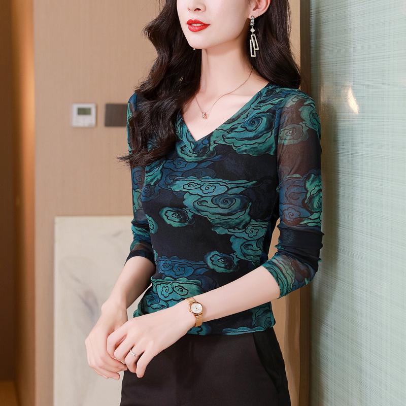 Neues Frühlings-Netz-Druck Langarm V-Ausschnitt Basic-Shirt T-Shirt für Damen mit Slim-Fit Top 4XL von Joom DACH