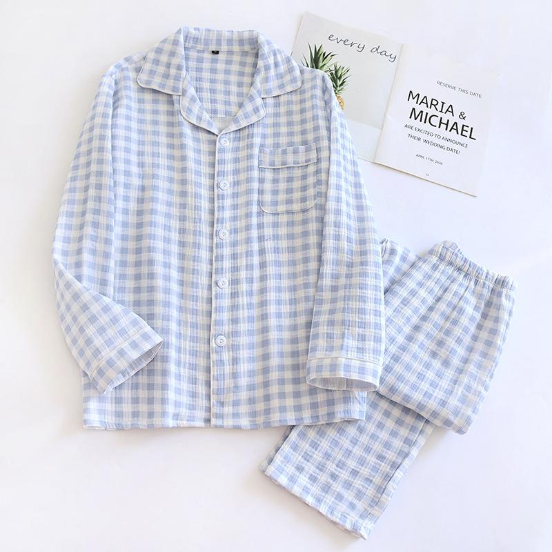 Neues Frühlings-Pyjama-Set für Paare aus 100 % Baumwolle mit langen Ärmeln und Hose, zweiteilig, kariert, für Herren und Damen L von Joom DACH