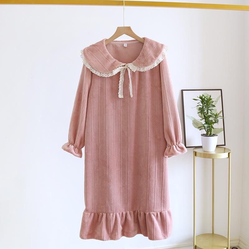 Neues Herbst- und Winter-Nachthemd Damen Flanell Langer Rock Damen Rüschen Casual Dick Damen Langärmeliger Rock L rosa von Joom DACH