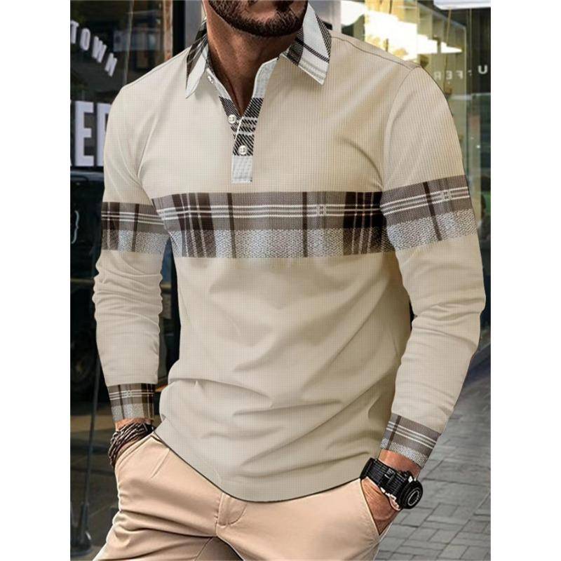 Neues Herren Freizeit-Poloshirt Langärmlig Farbblockiert Kariert Button-Down Waffelpiqué-Druck Langarm-Oberteil XXXL khaki von Joom DACH