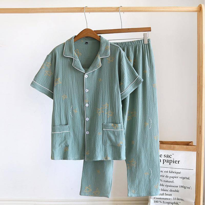 Neues Herren-Pyjama-Set für Frühling und Sommer, 100 % Baumwollkrepp, kurzärmeliges Hosenset, große, lockere Freizeitkleidung für zu Hause XL grün von Joom DACH