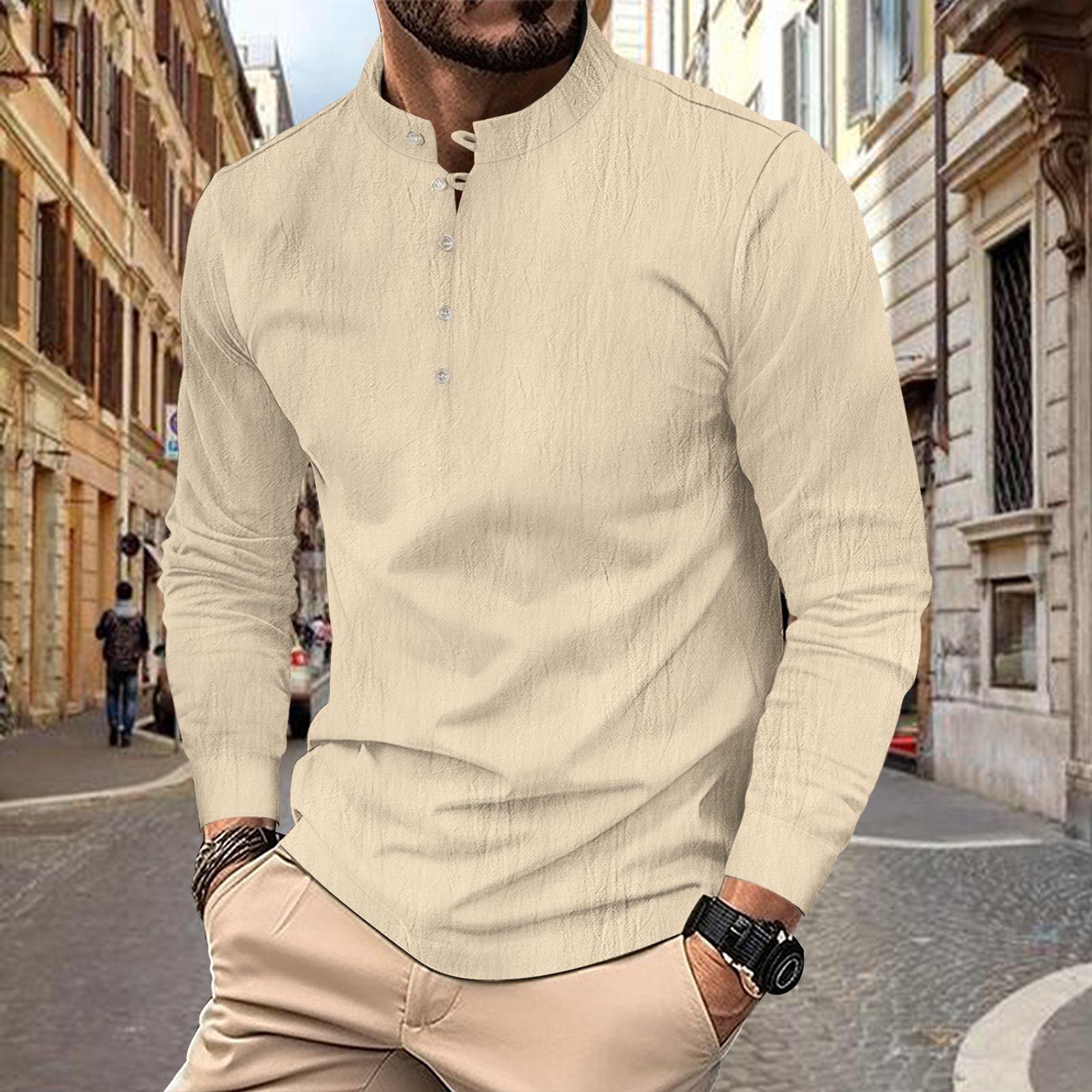 Neues Herren Retro Baumwolle und Leinen Freizeit Henley Shirt Knopf Langarm L khaki von Joom DACH