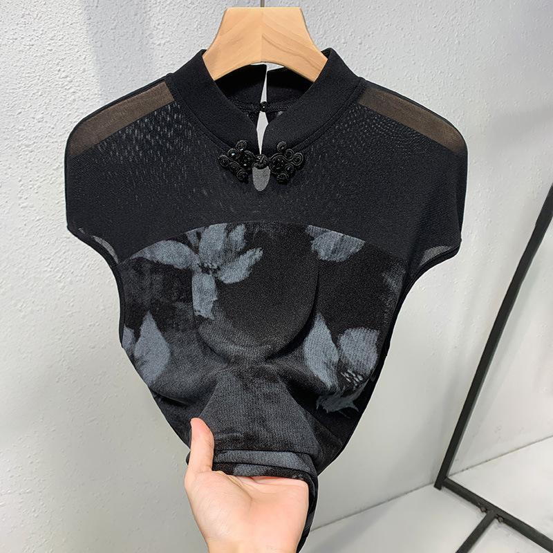 Neues Oberteil im chinesischen Stil für Damen im Herbst, neues bedrucktes Weste-Stehkragen-Retro-Shirt, Netz-T-Shirt 3XL schwarz von Joom DACH