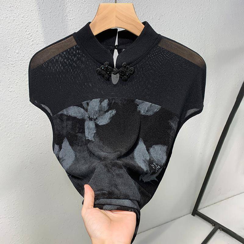 Neues Oberteil im chinesischen Stil für Damen im Herbst, neues bedrucktes Weste-Stehkragen-Retro-Shirt, Netz-T-Shirt 3XL schwarz von Joom DACH