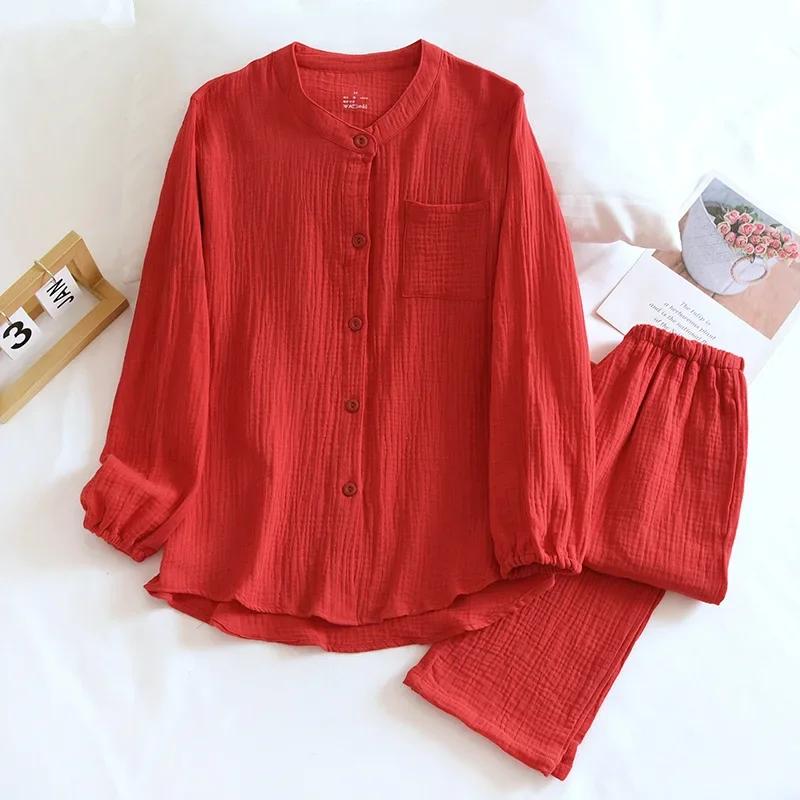 Neues Paar-Pyjama-Set für Frühling und Herbst, 100 % Baumwollkreppstoff, Langarmhosen für Herren und Damen, zweiteiliges Set M von Joom DACH