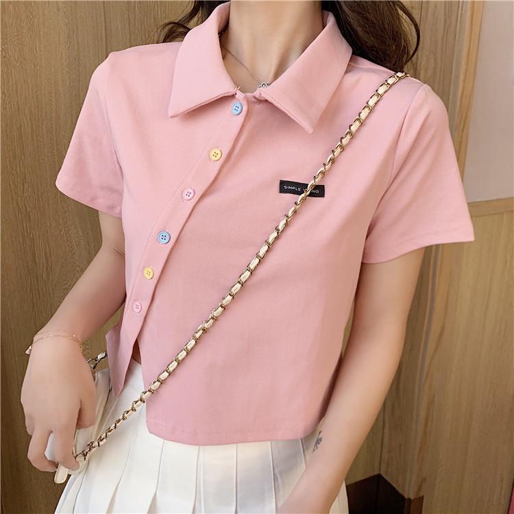 Neues Poloshirt, kurzärmeliges T-Shirt für Damen mit schmalem, hoch tailliertem Revers, kurzes Studentenoberteil M rosa von Joom DACH