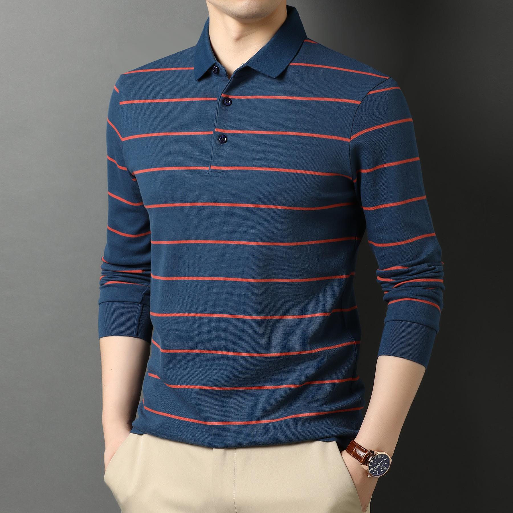 Neues Poloshirt für Männer mittleren Alters, lockere Herbstkleidung, LED-Herrenhemd, Herren-Baumwoll-Langarm-T-Shirt mit Streifen L von Joom DACH