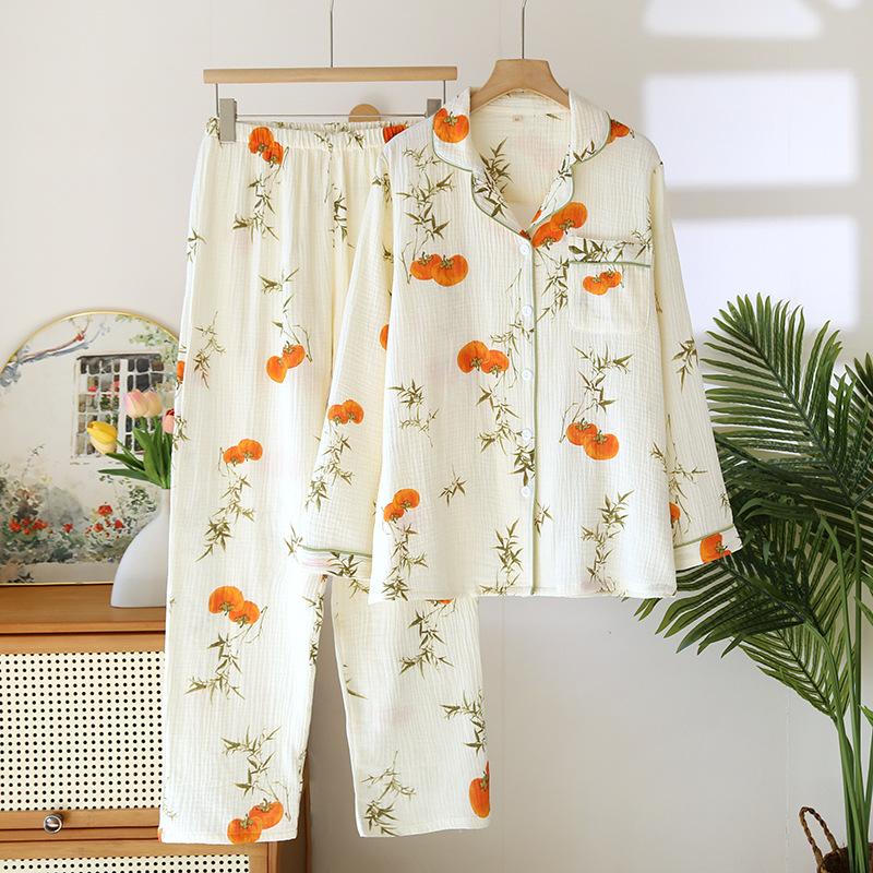 Neues Pyjama-Set für Damen im Frühjahr und Sommer, 100 % Baumwollkrepp, süße Liebe, langärmelige Hose, zweiteiliges Set, Strickjacke, Homewear 2XL von Joom DACH