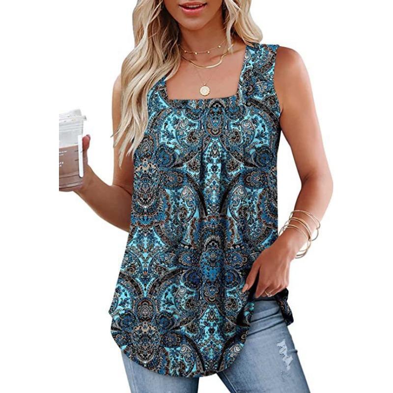 Neues Sommer Ärmelloses Quadratischer Kragen Bedrucktes Westen T-Shirt für Damen XXL blau von Joom DACH