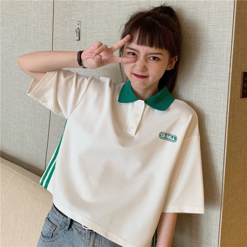 Neues Sommer Koreanisches Kurzarm-T-Shirt für Damen mit Zugbändern und farbigem POLO-Kragen Kurzes Persönlichkeits-Top für Damen 2XL weiß von Joom DACH