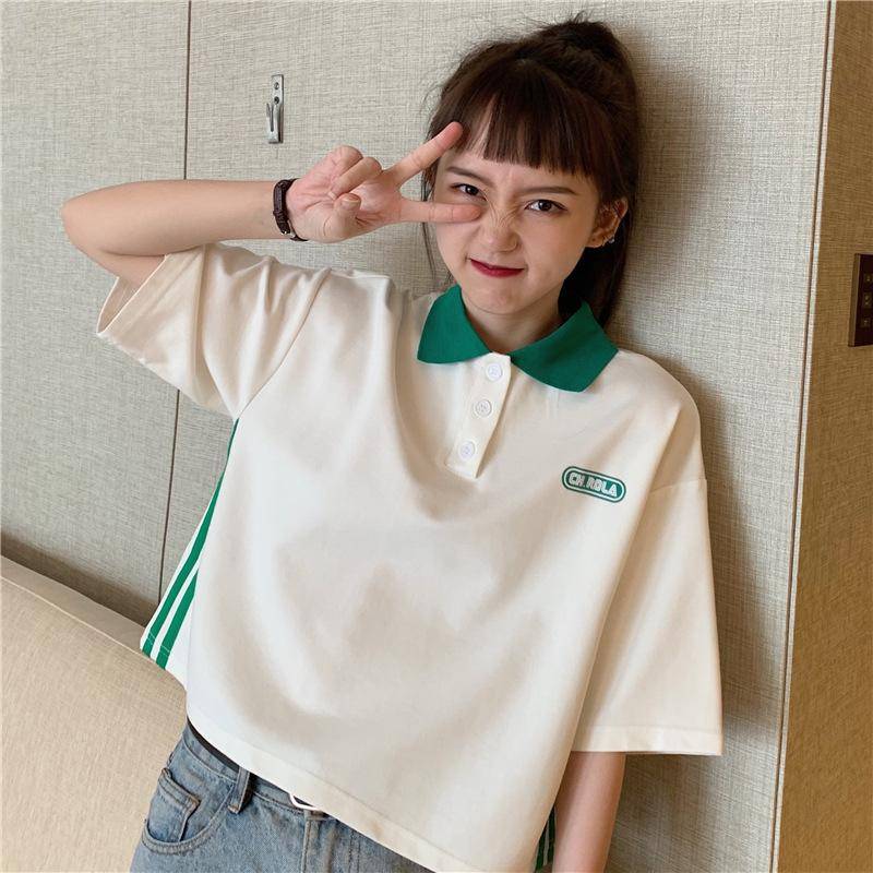 Neues Sommer Koreanisches Kurzarm-T-Shirt für Damen mit Zugbändern und farbigem POLO-Kragen Kurzes Persönlichkeits-Top für Damen 2XL weiß von Joom DACH