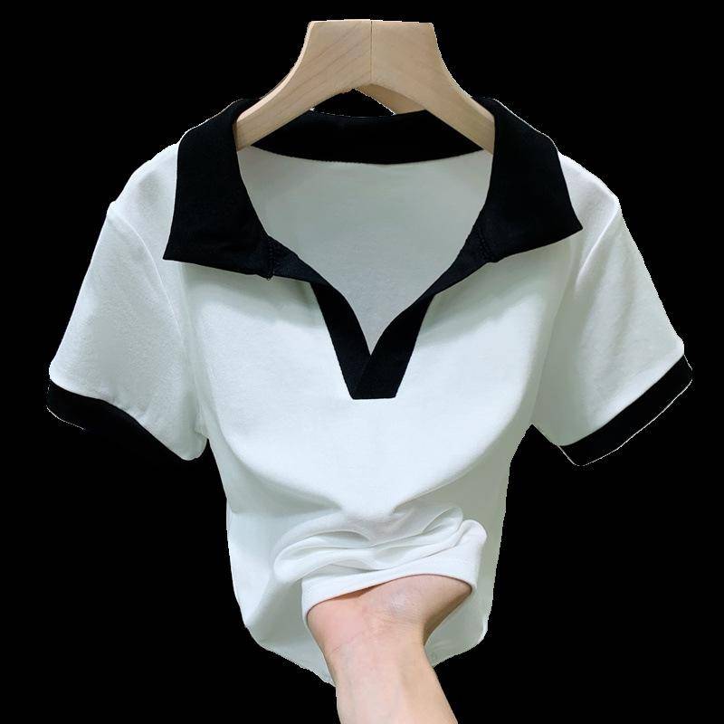 Neues Sommer-Poloshirt im Pure Style mit kurzem V-Ausschnitt, Top-Design, Nischen-Kurzarm-T-Shirt für Damen XL weiß von Joom DACH