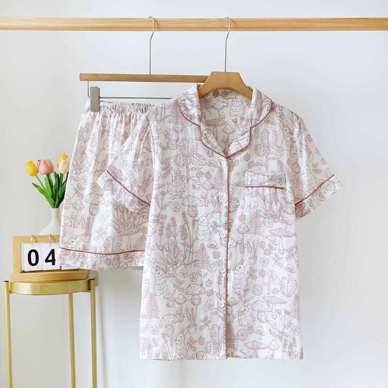 Neues Sommer-Pyjama-Set 100% Baumwollgaze Kurzarmshorts Zweiteiliges Set Damen Bedrucktes Hausanzug-Set Sommer Dünne Nachtwäsche M von Joom DACH