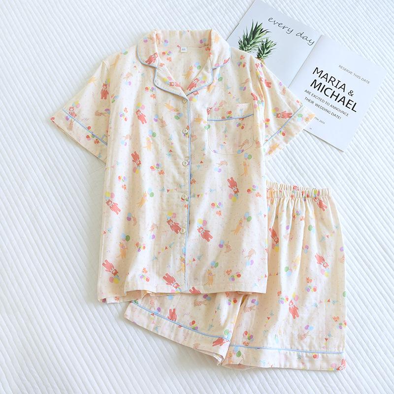 Neues Sommer-Pyjama-Set für Damen, 100 % Baumwolle, Kurzarm-Shorts, zweiteiliges Set, süßes Cartoon-Revers, dünnes Home-Set 2XL beige von Joom DACH