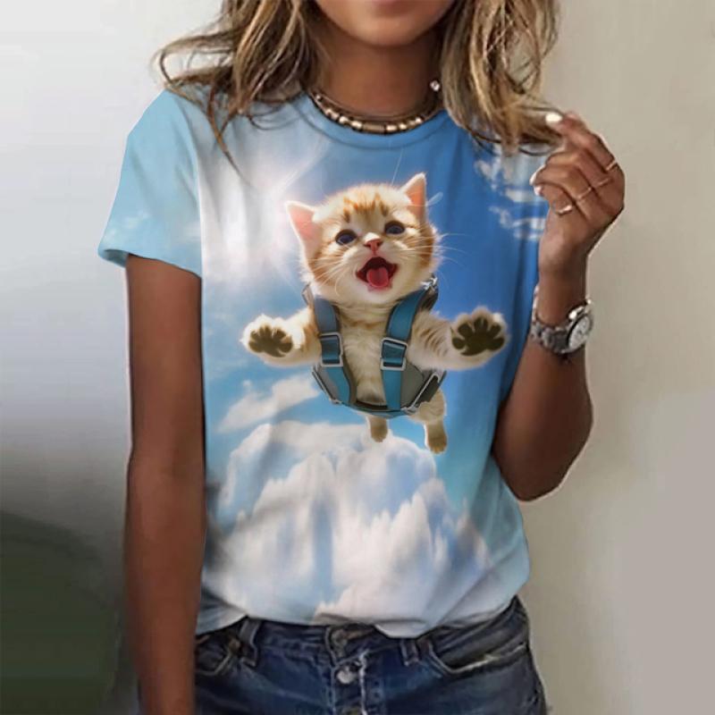 Neues T-Shirt mit Kawaii-Katzen-Print für Frauen in Übergröße, Top 2024, Sommer, Damen-Trendkleidung, Crew-T-Shirt, weibliches Kurzarmhemd L von Joom DACH