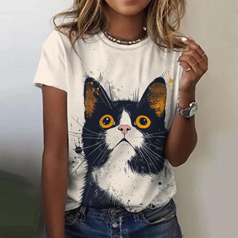Neues T-Shirt mit Kawaii-Katzen-Print für Frauen in Übergröße, Top 2024, Sommer, Damen-Trendkleidung, Crew-T-Shirt, weibliches Kurzarmhemd M von Joom DACH