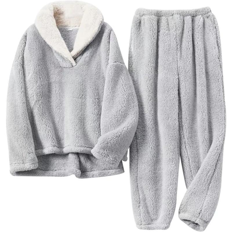 Neues Winter-Pyjama-Set aus wärmeisoliertem Flanell und Korallensamt für Damen XL grau von Joom DACH