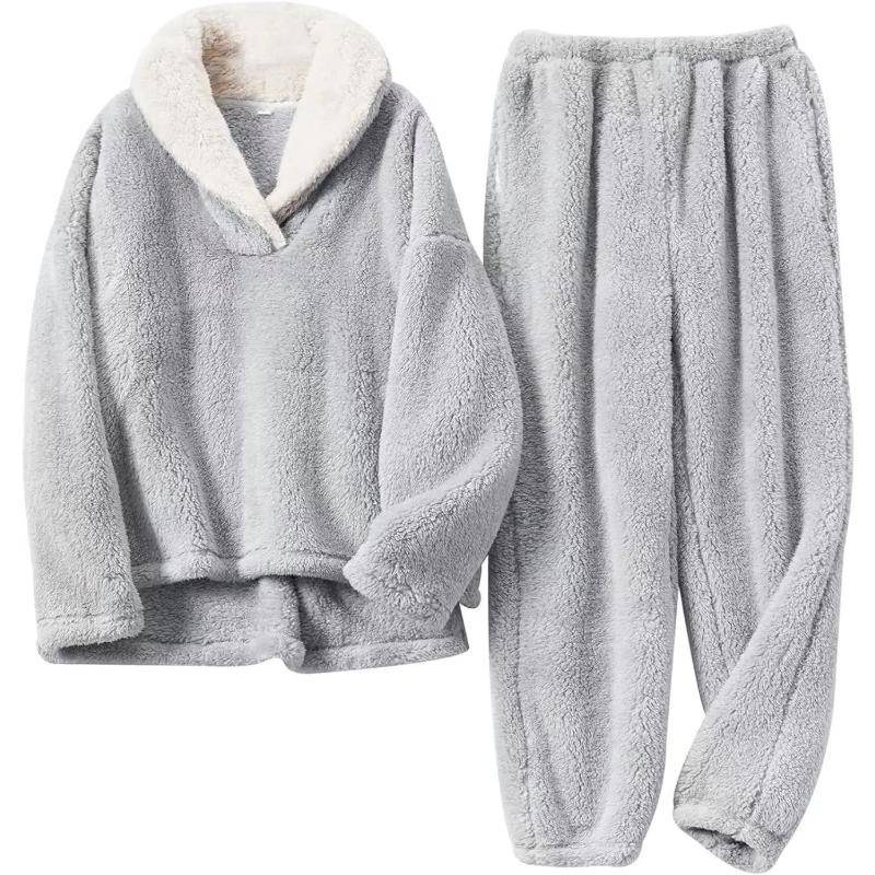 Neues Winter-Pyjama-Set aus wärmeisoliertem Flanell und Korallensamt für Damen XL grau von Joom DACH