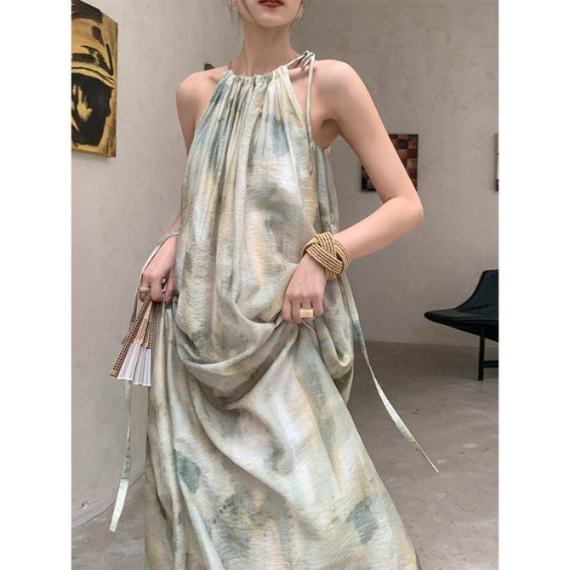 Neues ärmelloses Kleid mit Tintenklecks-Druck für Damen im Sommer Sanya Strandurlaub Strandrock S grün von Joom DACH