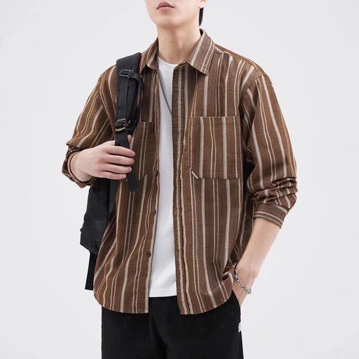 Neues gestreiftes Hemd Herren Langarm-Oberteile Modisches vielseitiges Hemd 4XL braun von Joom DACH