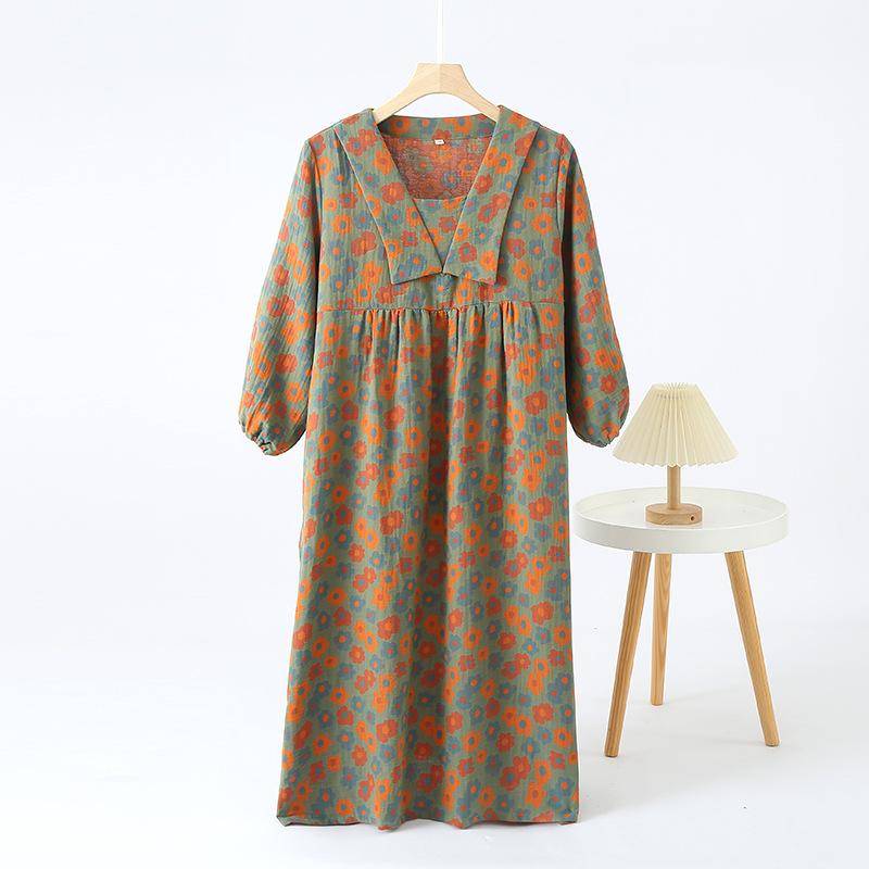 Neues japanisches Damen-Frühlings- und Sommer-Nachthemd 100% Baumwolle Großer Blumendruck Rock Schlichte Übergröße Retro Hauskleid L von Joom DACH
